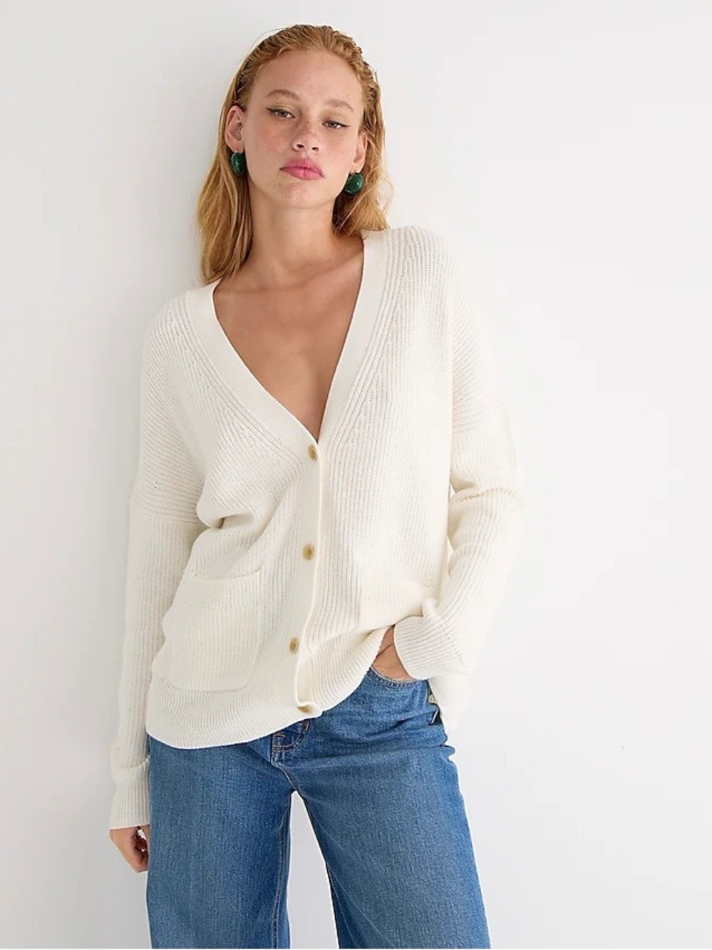 J.Crew Cotton Cashmere Cardigan Sweater Small Ivory Cream Oversized V Neck